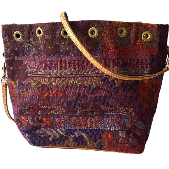 Tapestry Bucket Hobo Bag Leather 2 Detachable Leather Straps: Handle/Crossbody - Picture 12 of 12